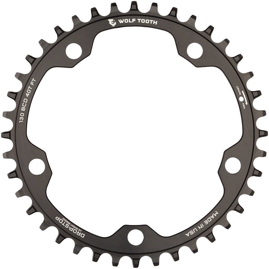 Wolf Tooth 130 BCD Road and Cyclocross Chainring - 38t, 130 BCD, 5-Bolt, Drop-Stop, 10/11/12-Speed Eagle and Flattop Compatible, Black