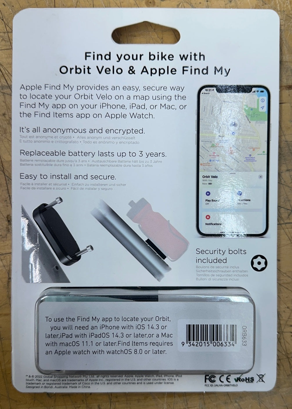 Orbit x Velo Bicycle Security Device, Bottle Cage Mount, Apple Find My