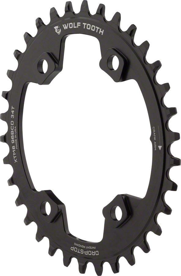 Wolf Tooth Components Powertrac Elliptical Direct Mount Drop-Stop Chainring 34T x 96 Asymmetrical BCD, For Shimano XT M8000 Cranks, Black