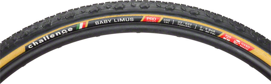 Challenge Baby Limus Pro Tire: Handmade Clincher, 700x33, 300tpi, Black/Tan